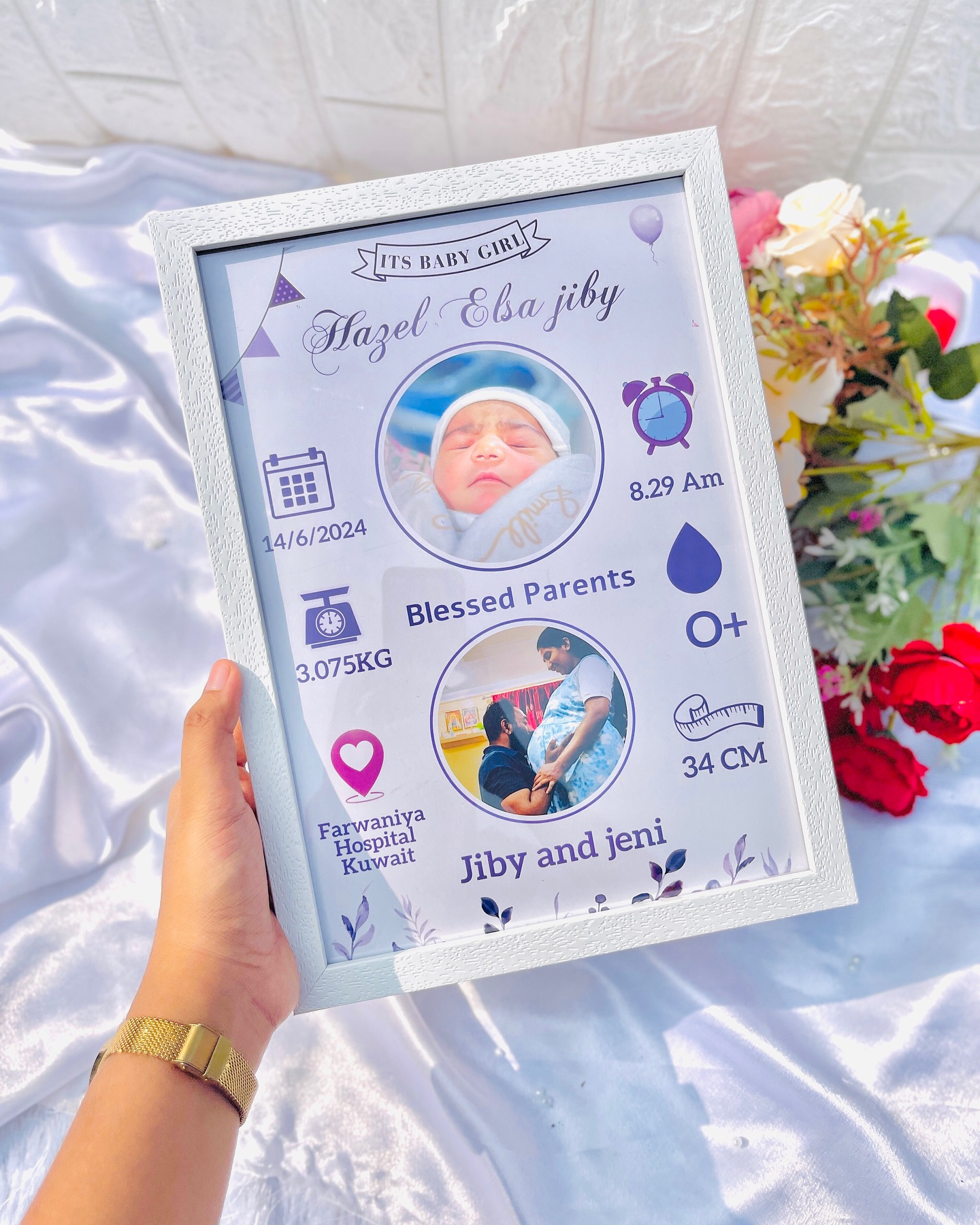 A lilac-toned keepsake frame sharing your baby girl's birth details and a tender parents' photo.