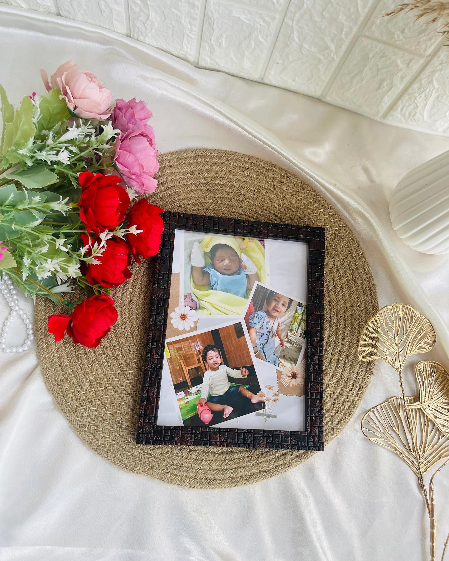 A rustic wooden frame collaged with a child's cherished baby photos for a heartfelt keepsake.