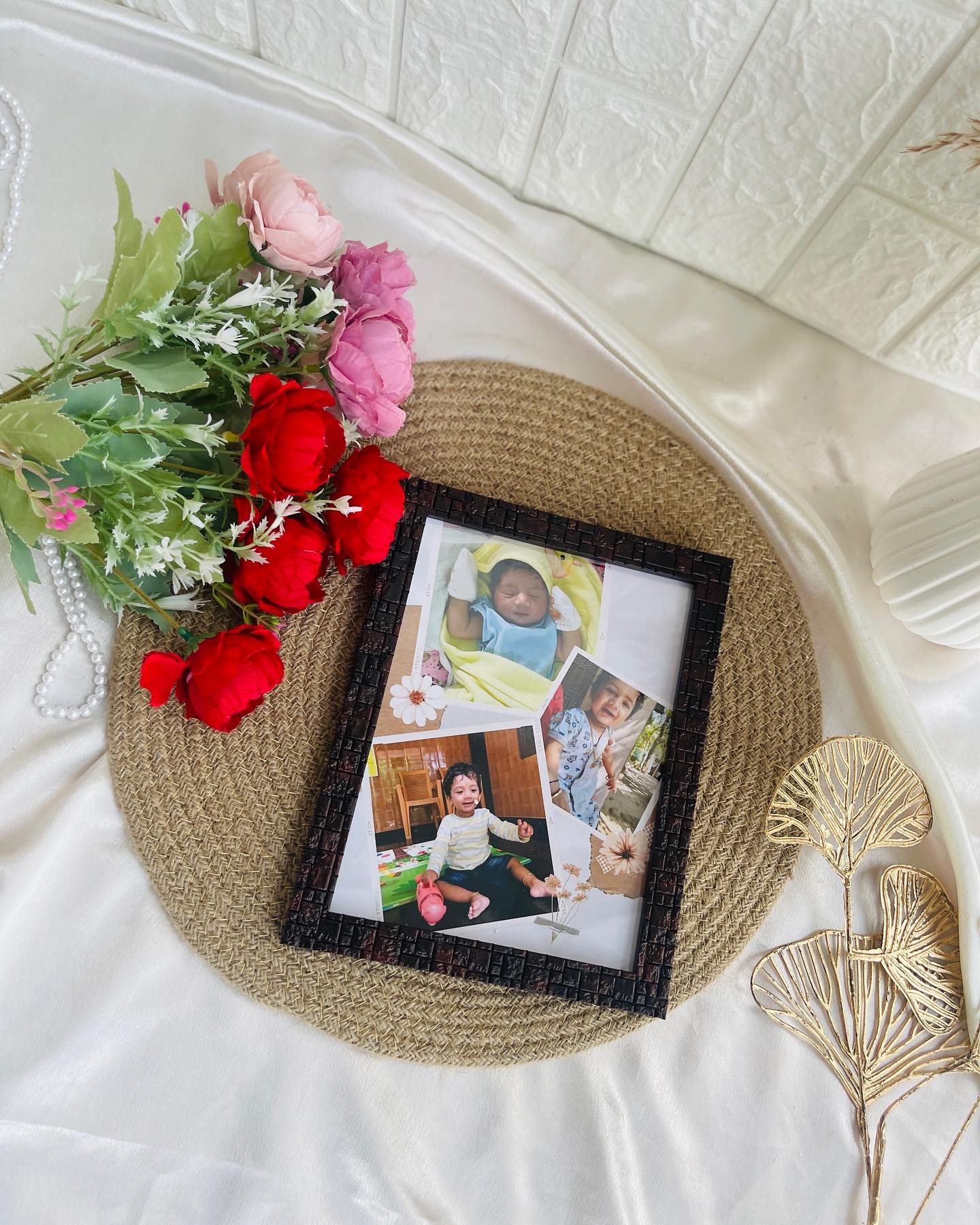 A textured brown frame showcasing a sweet collage of a little one's earliest memories.