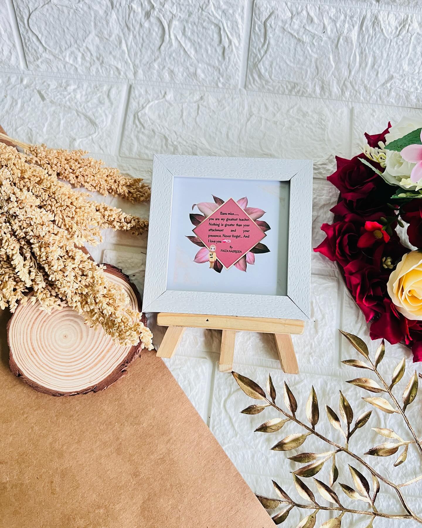 A small easel-standing frame printed with a heartfelt personalized message for a favourite teacher.