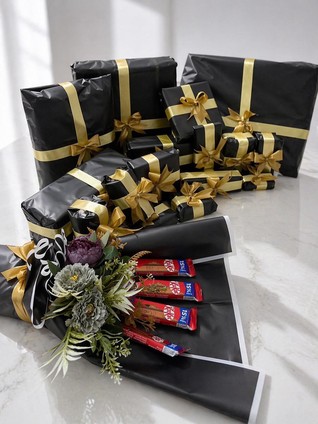 A striking arrangement of black-and-gold wrapped gift boxes bundled with a chocolate-filled bouquet.