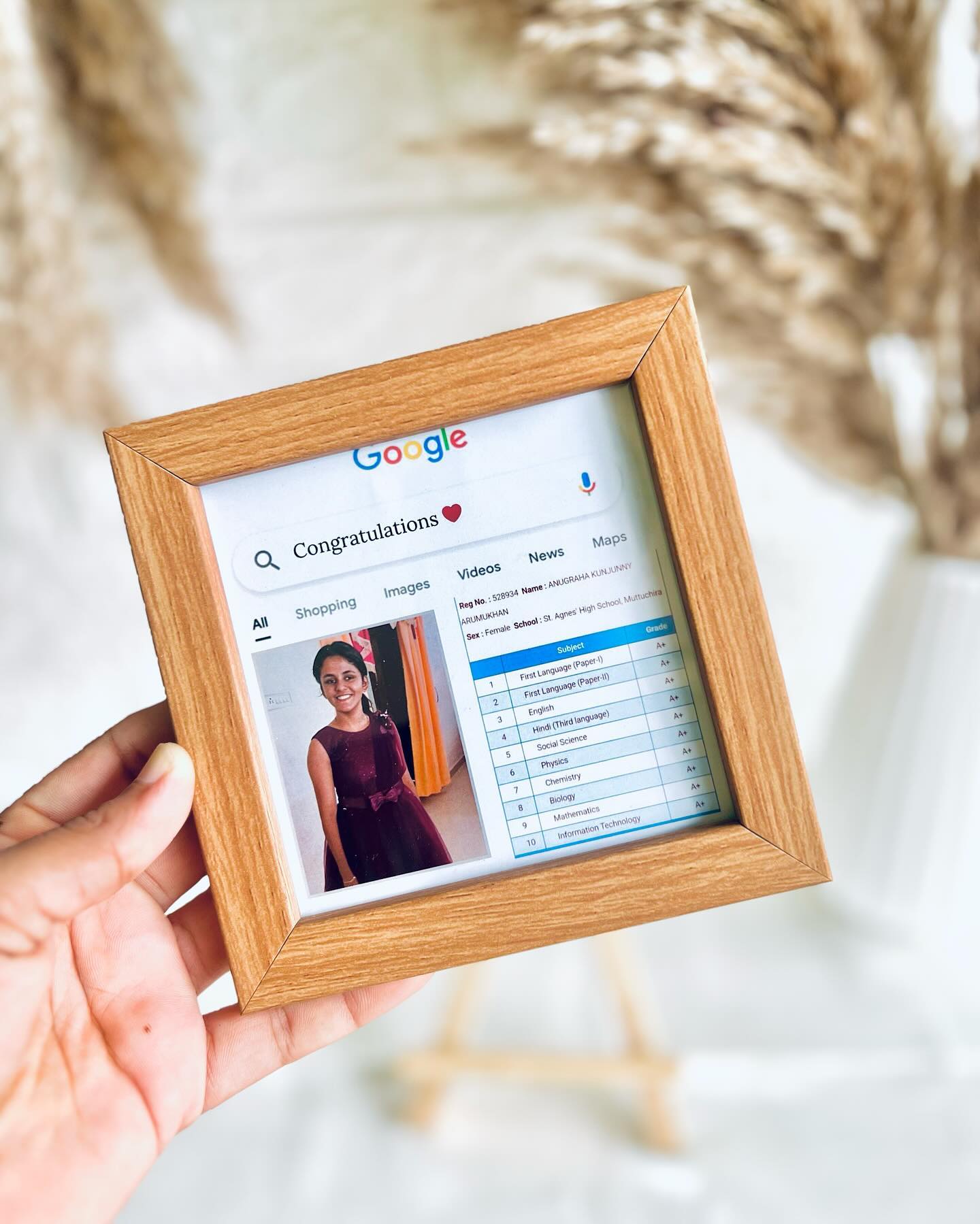 A playful photo frame styled as a Google search result celebrating exam success, personalized with photo and grades.