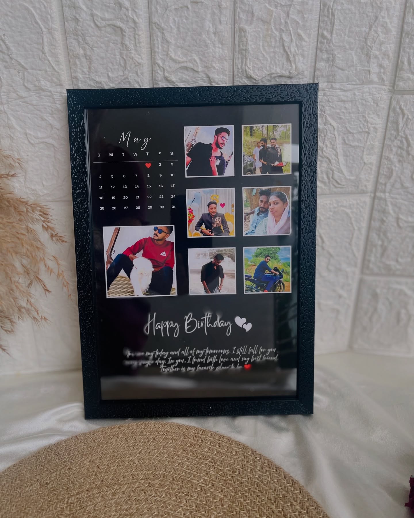 A large personalized photo-collage calendar frame celebrating a birthday with memories and a heartfelt message.