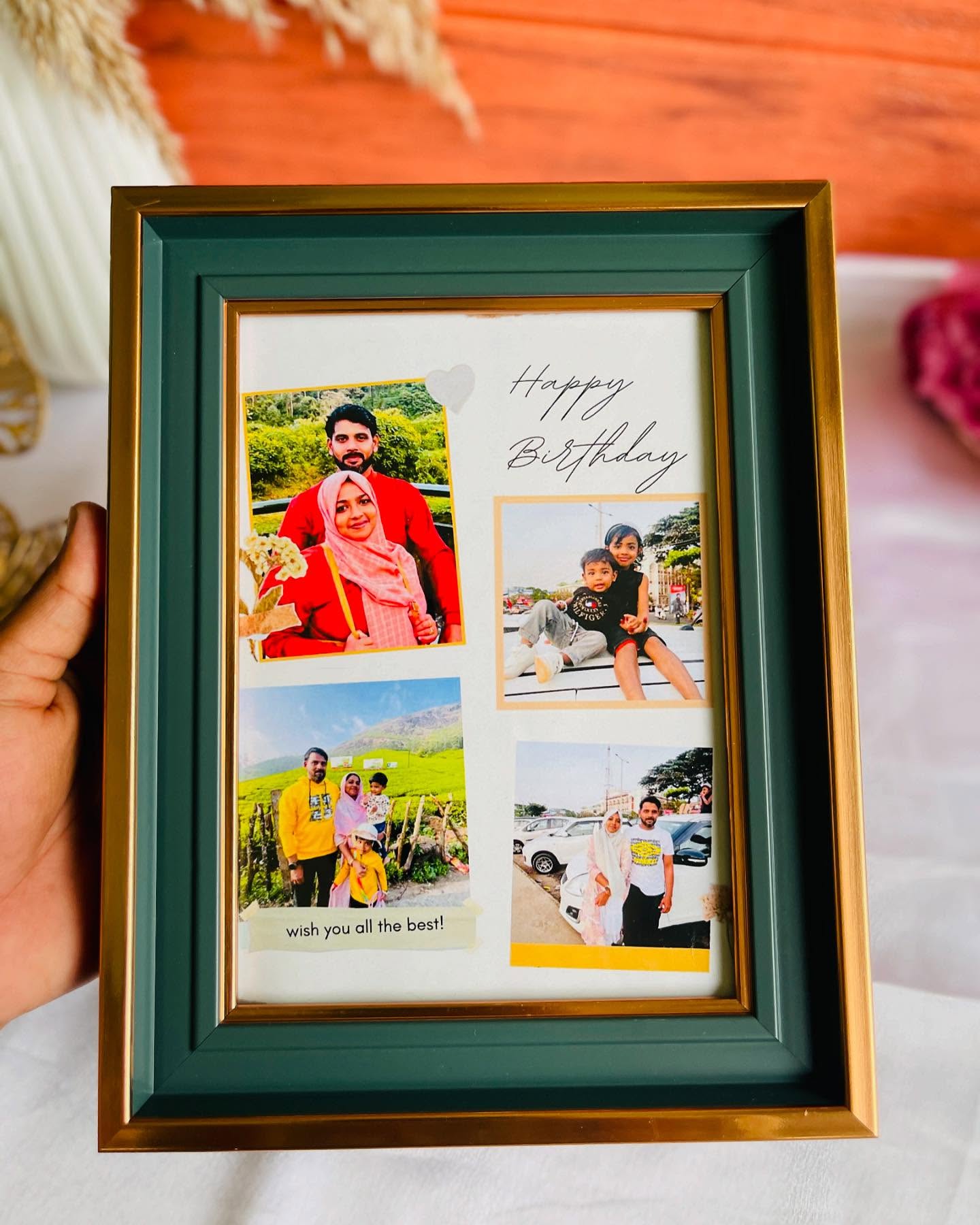 A green-and-gold photo frame collaged with cherished family pictures and a handwritten Happy Birthday message.