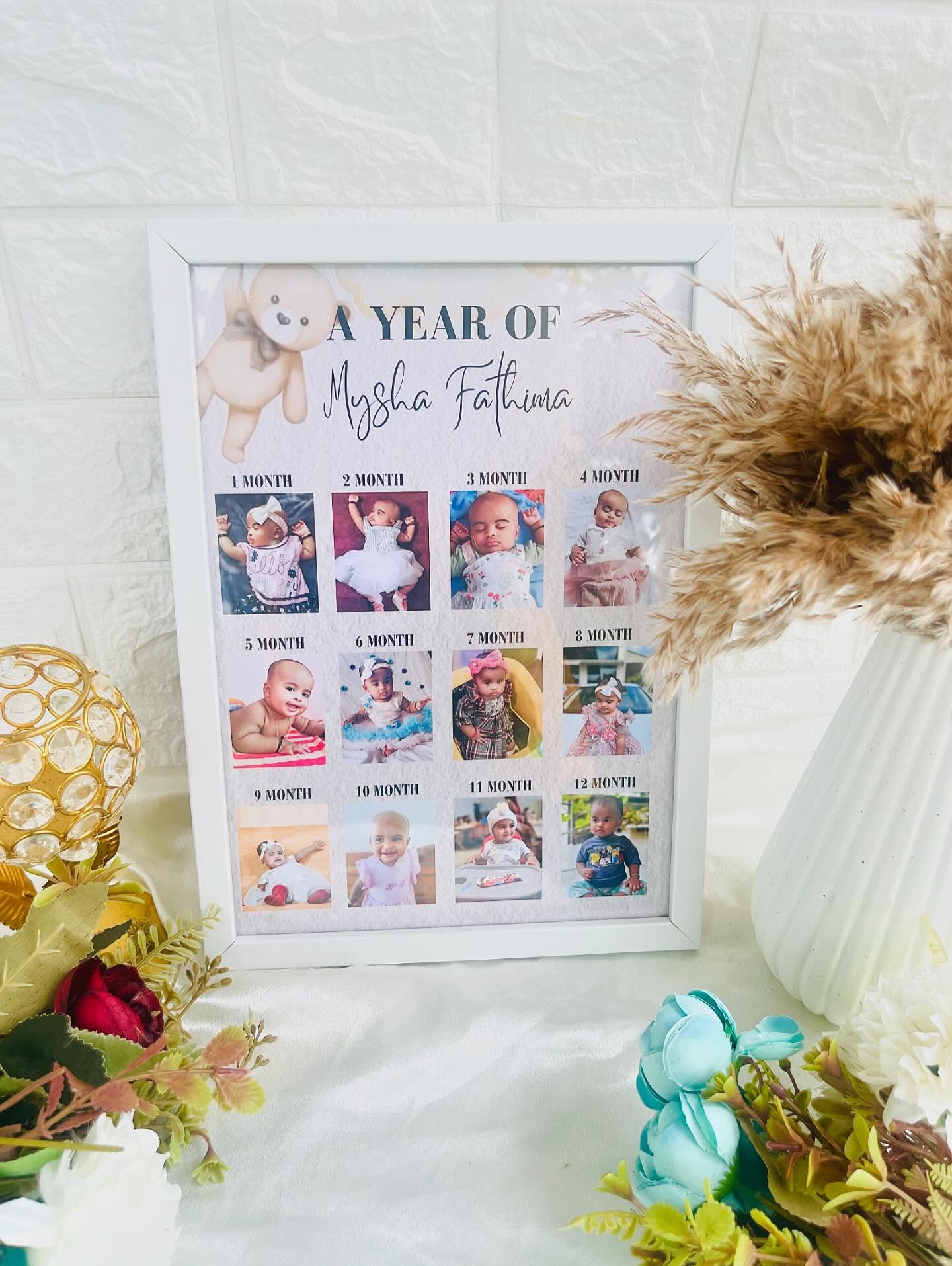 A personalized month-by-month photo frame capturing your little one's first year, ready to display as a heartfelt keepsake.