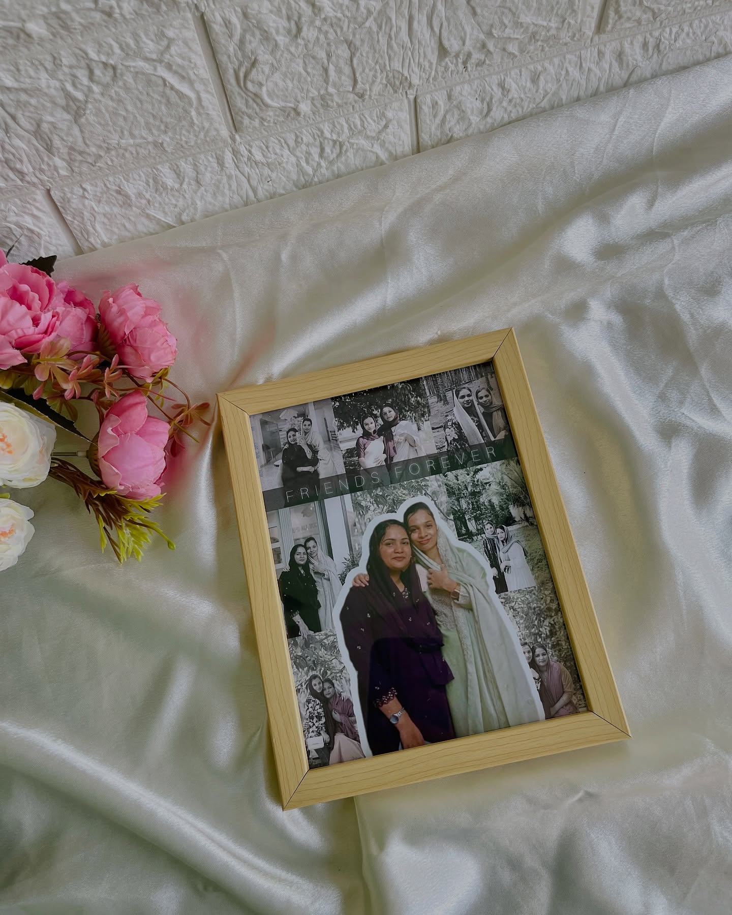 A personalized photo collage frame with a cut-out portrait celebrating a cherished friendship.