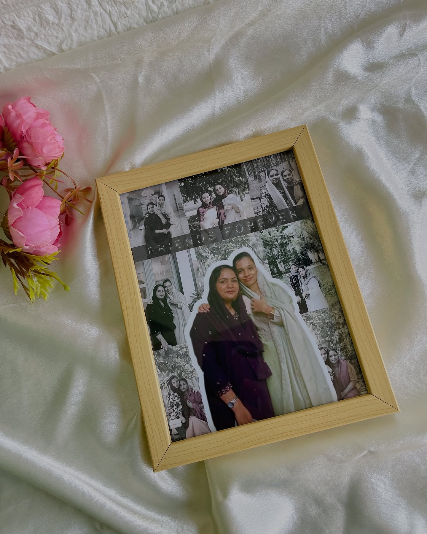 A collage frame layering black-and-white memories with a cut-out color photo under the words Friends Forever.