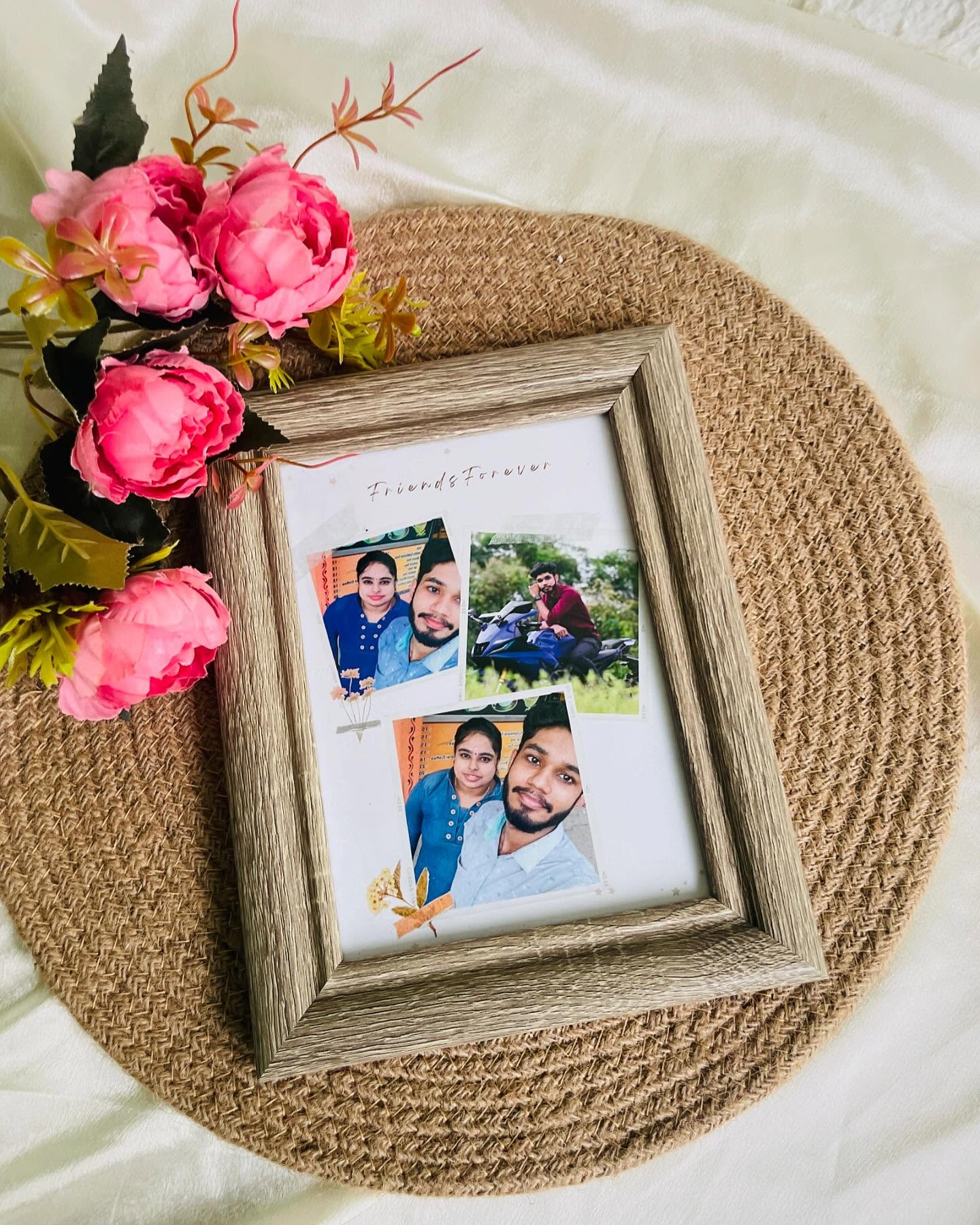 A rustic wooden frame showcasing candid couple photos under a heartfelt 'Friends Forever' caption.