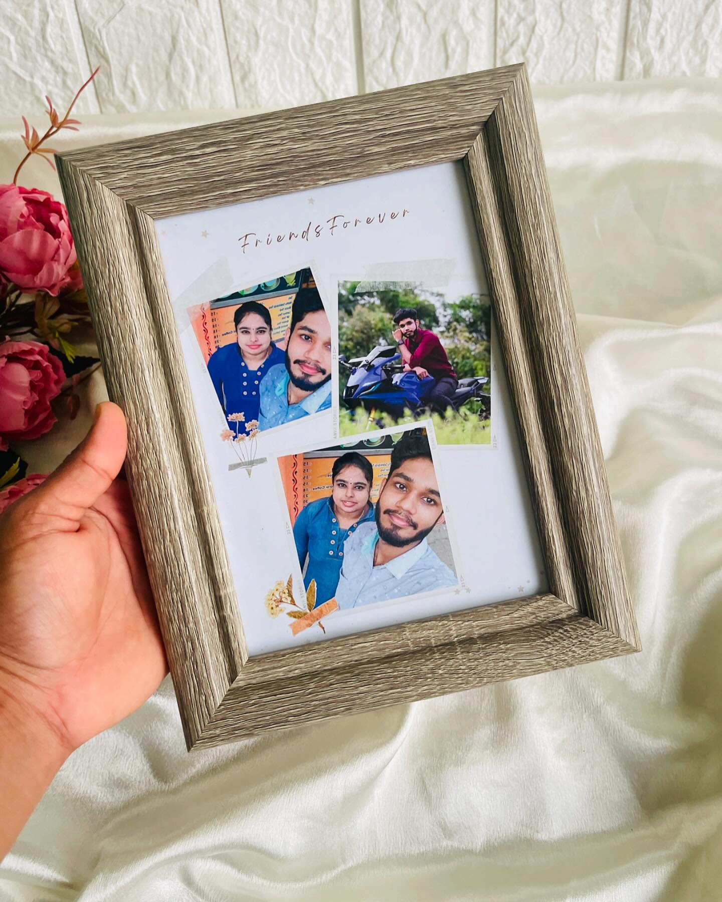 A rustic wooden frame capturing cherished friendship memories in a scrapbook-style photo collage.