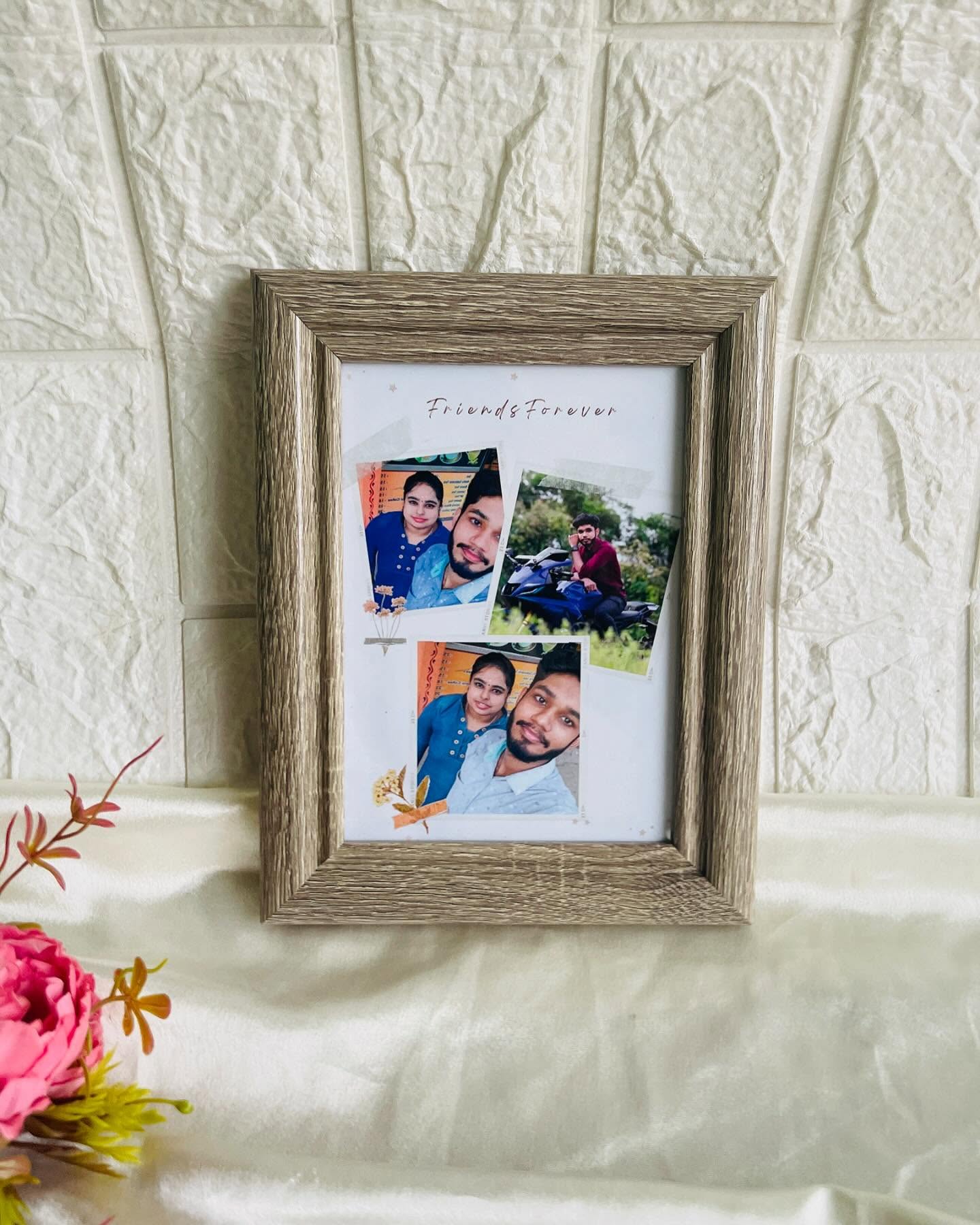A rustic wooden photo frame collaged with candid couple and friend photos under a scrapbook-style 'Friends Forever' banner.