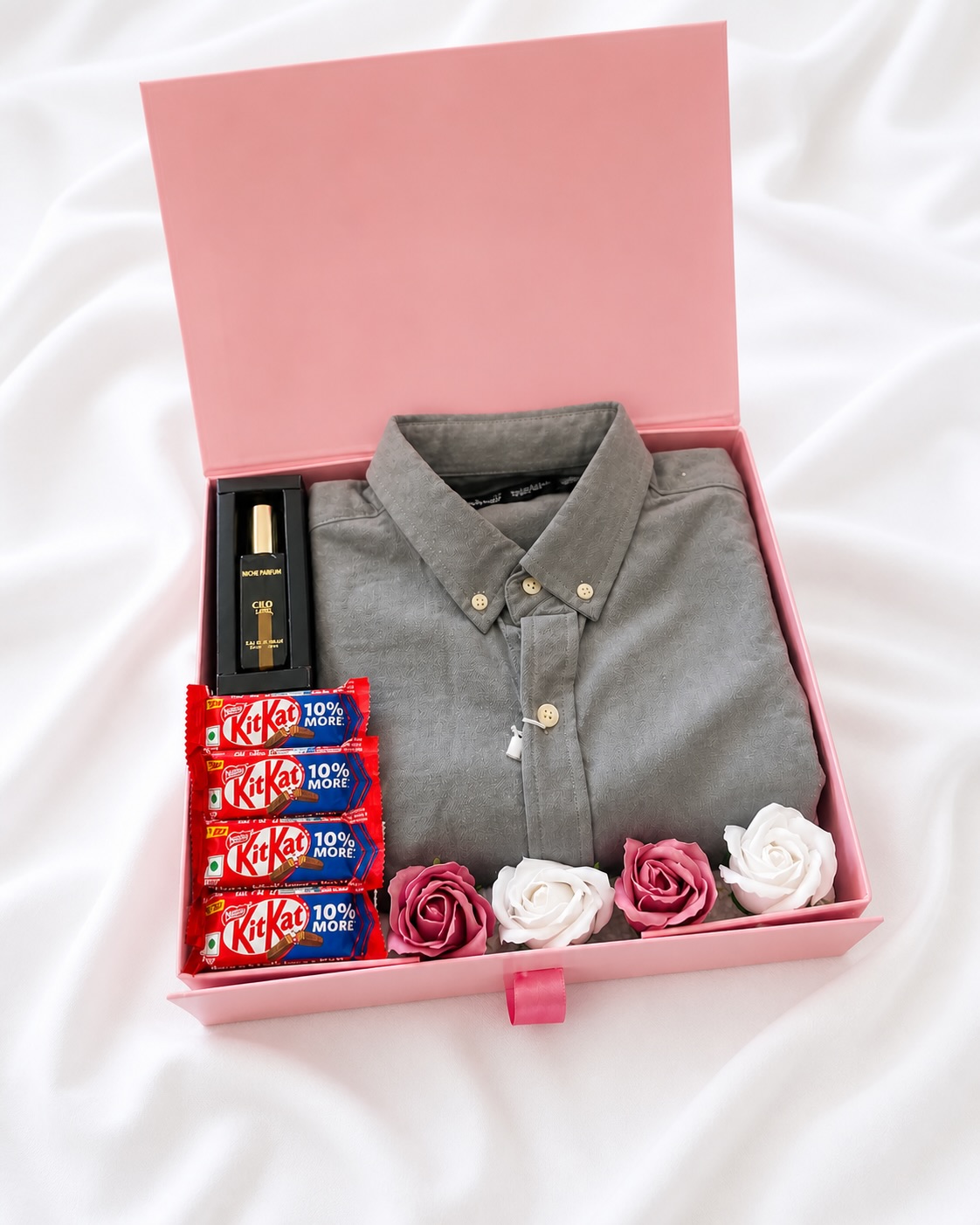 Grey Shirt & Perfume Flat Lay Box