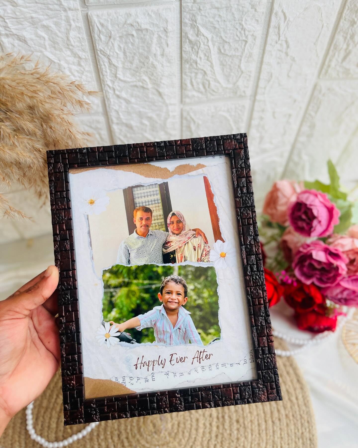 A textured frame layering torn-paper photo cutouts of loved ones beneath a 'Happily Ever After' script.