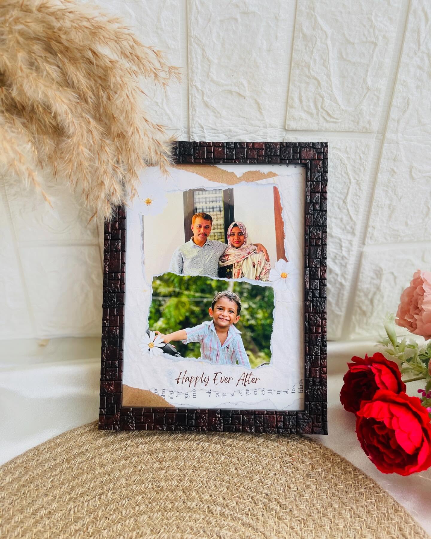 A rustic torn-paper style photo frame celebrating a couple and their child with a 'Happily Ever After' caption.