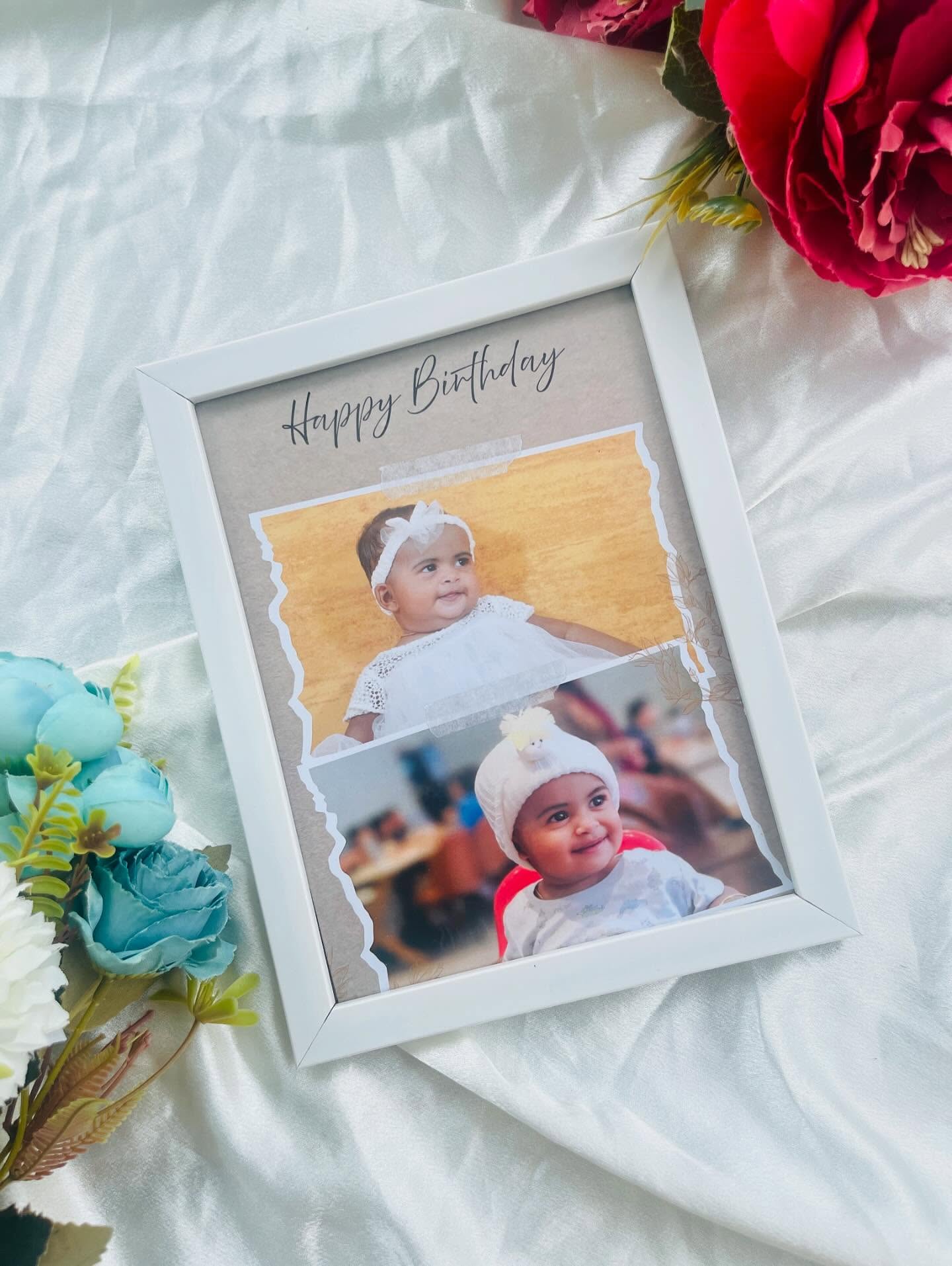 A charming scrapbook-style frame with taped baby photos and a handwritten 'Happy Birthday' caption.