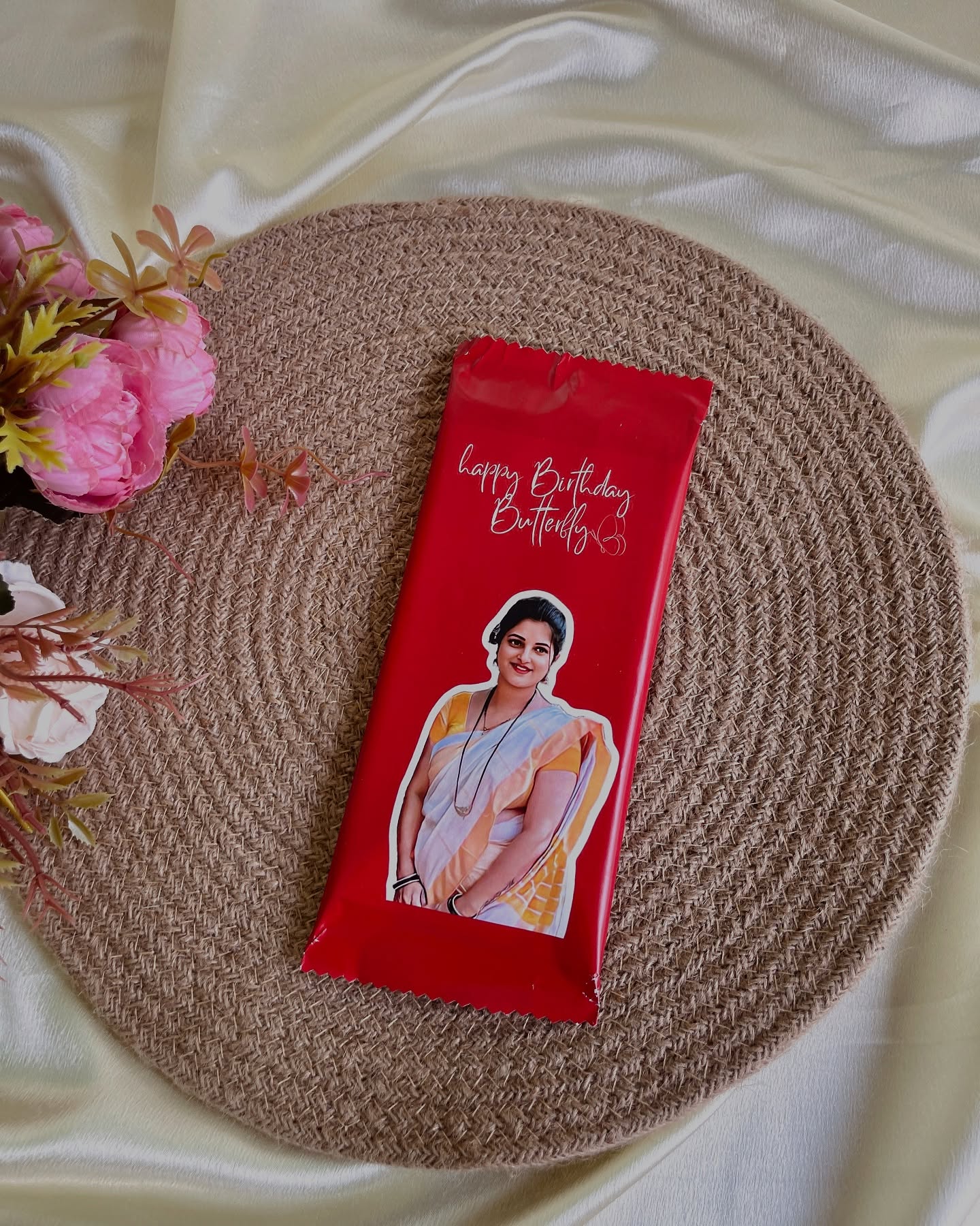 A single personalized chocolate bar with a photo and sweet birthday message.
