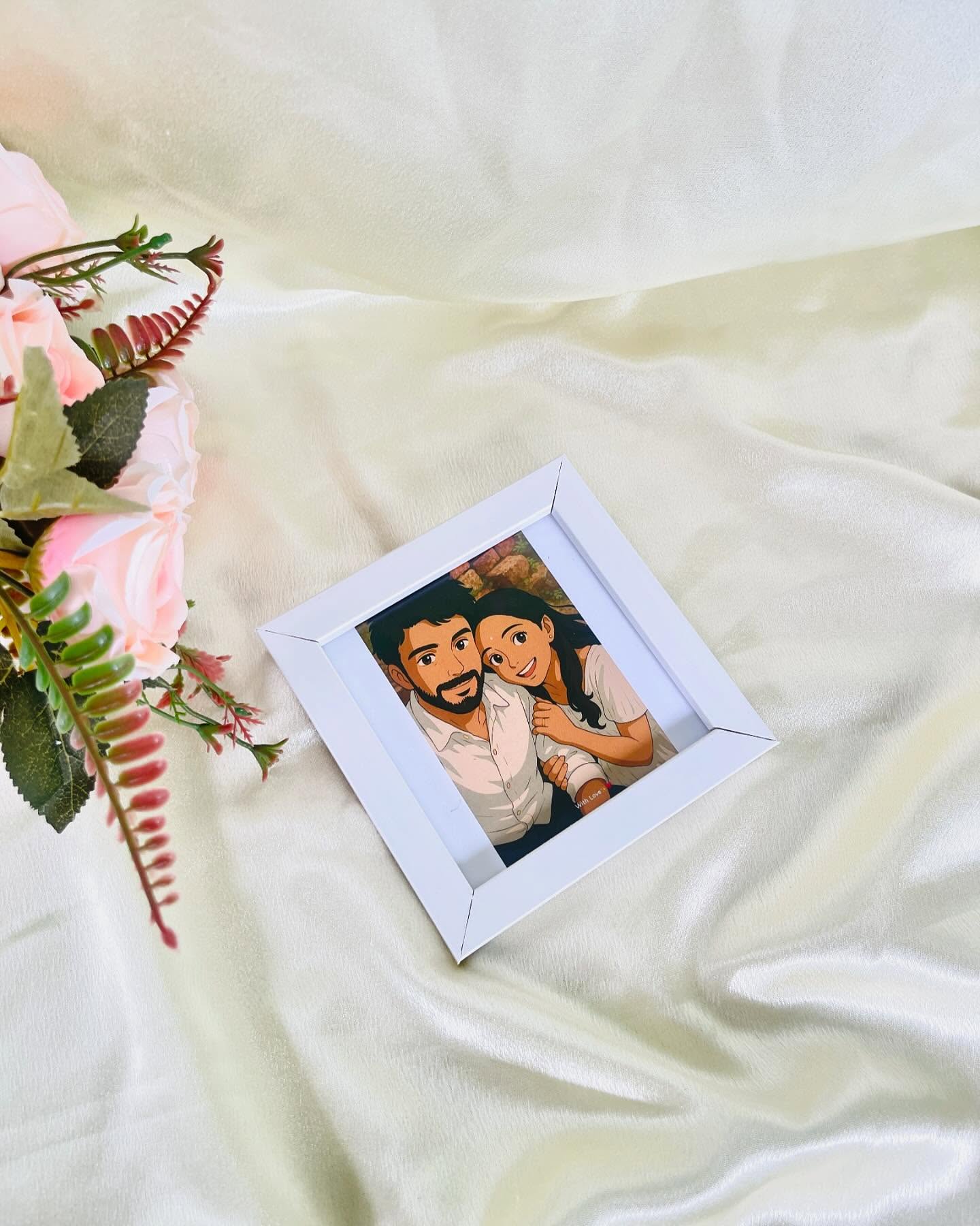 A charming custom illustrated portrait of a couple, framed as a sweet keepsake.