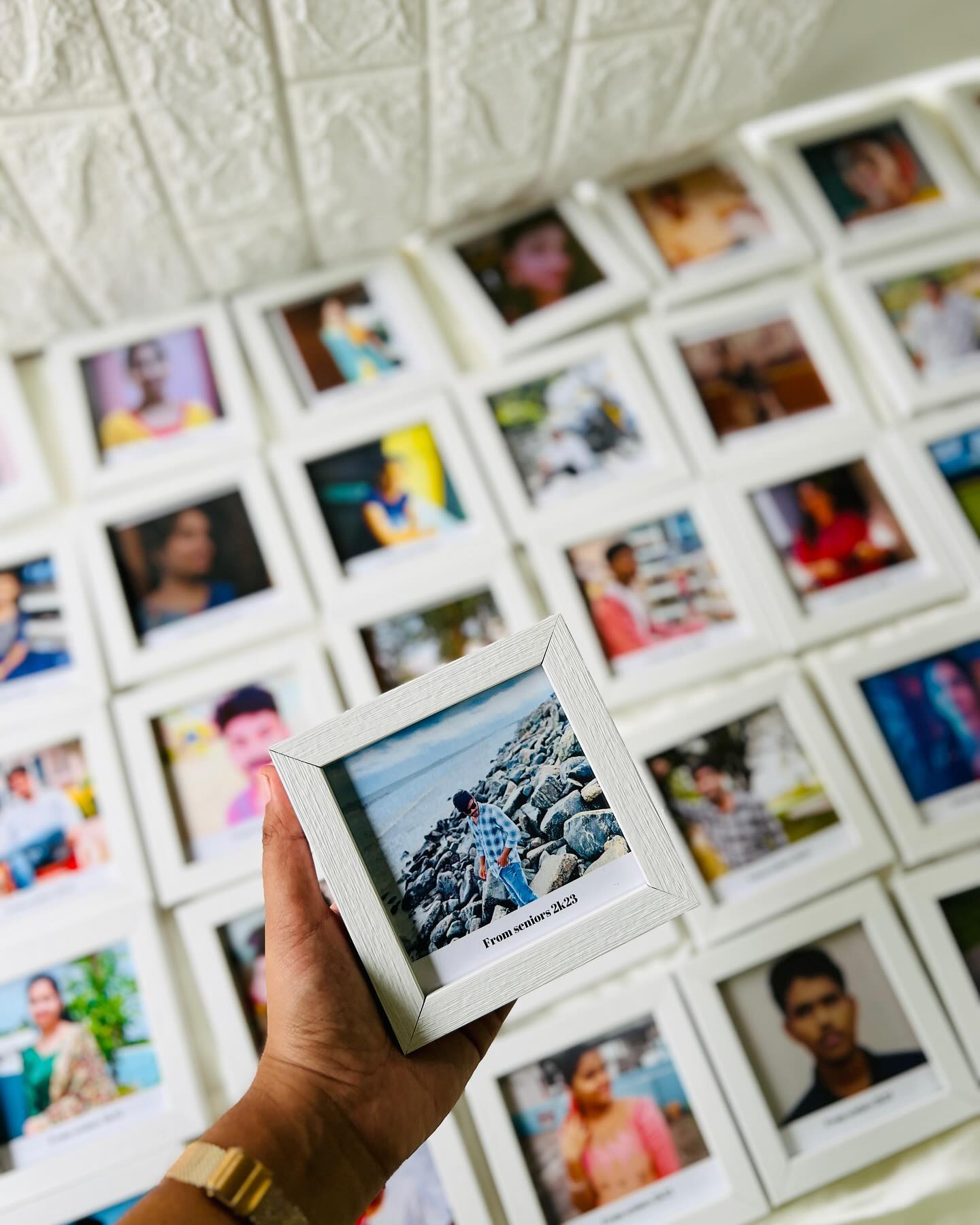 A small personalized photo frame with a custom caption, part of a bulk batch-memories set.