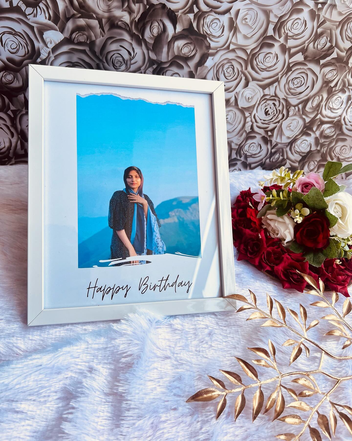A personalized birthday photo frame featuring your favourite travel snapshot with a torn-paper polaroid design.