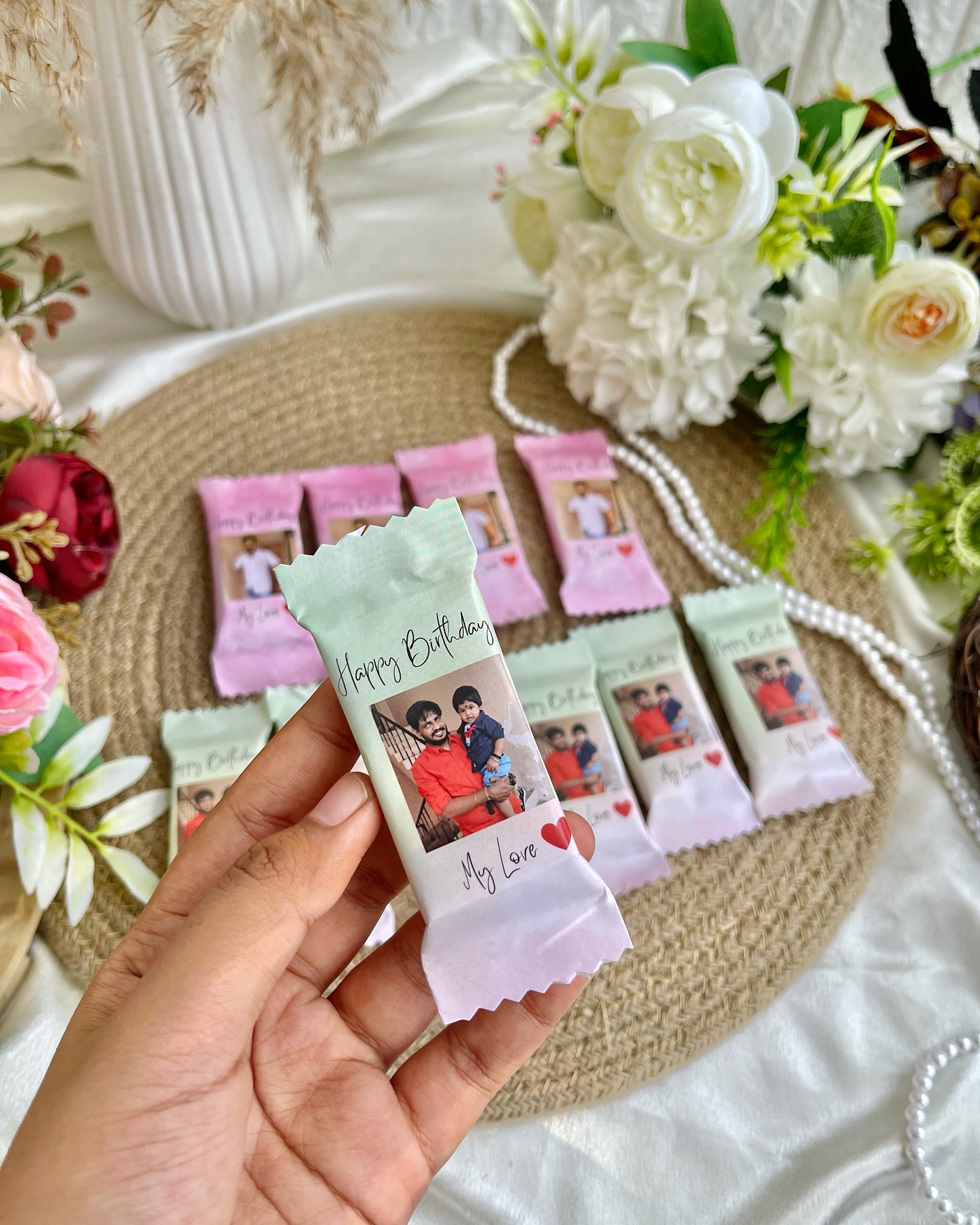 A pastel personalized chocolate bar printed with a treasured family photo and a sweet My Love birthday message.