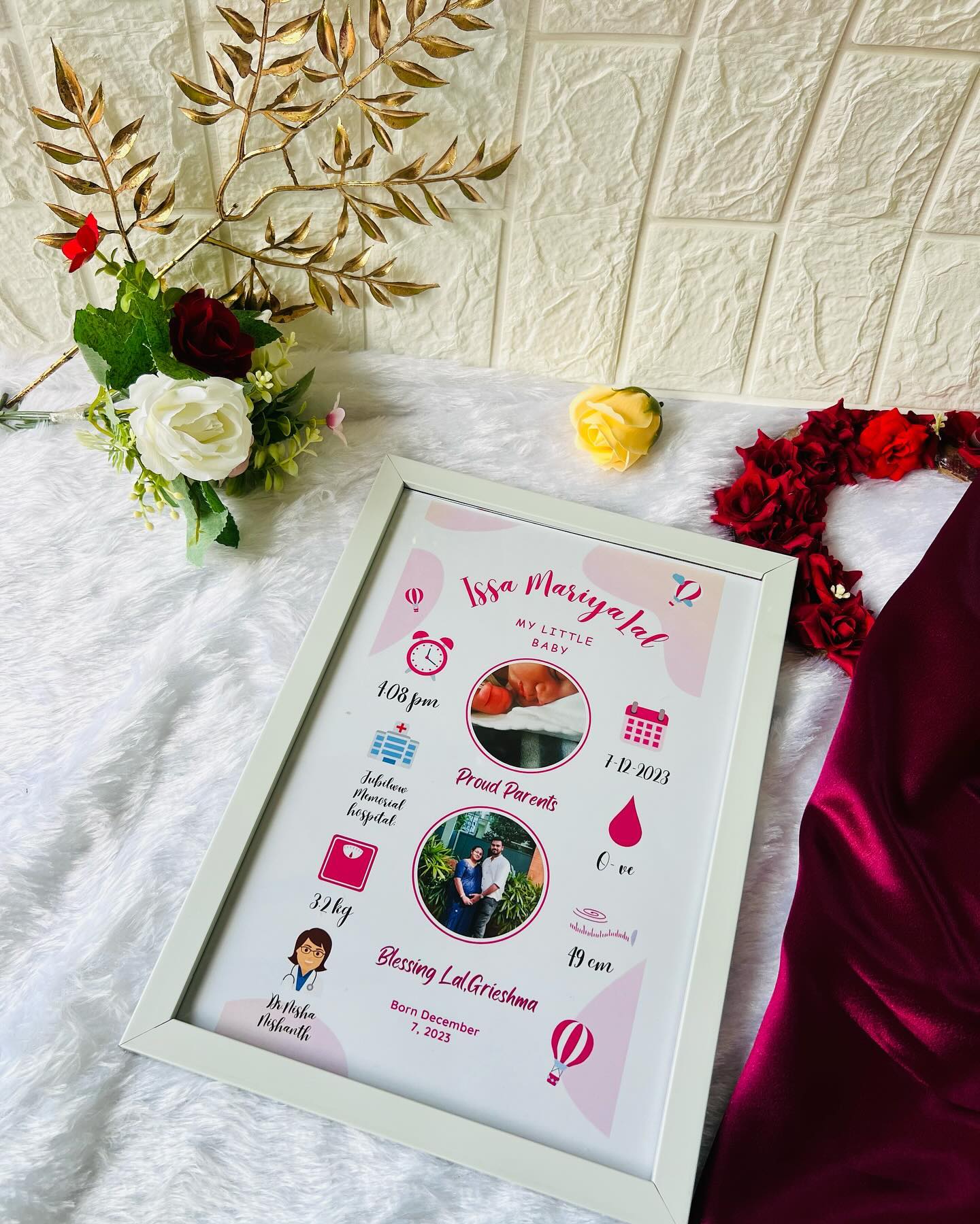 A keepsake frame celebrating a new arrival with custom birth details, weight, and a family photo.