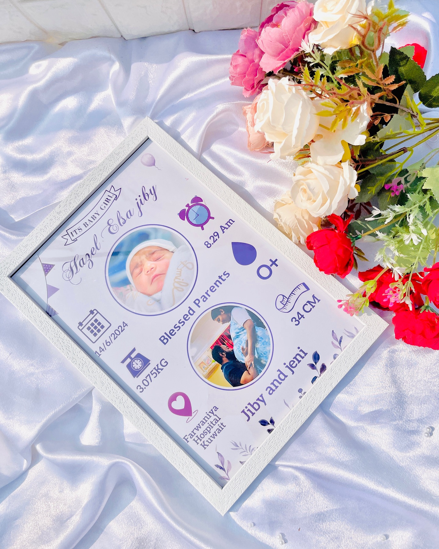 A custom-printed keepsake frame capturing the newborn's photo, birth details, and proud parents.