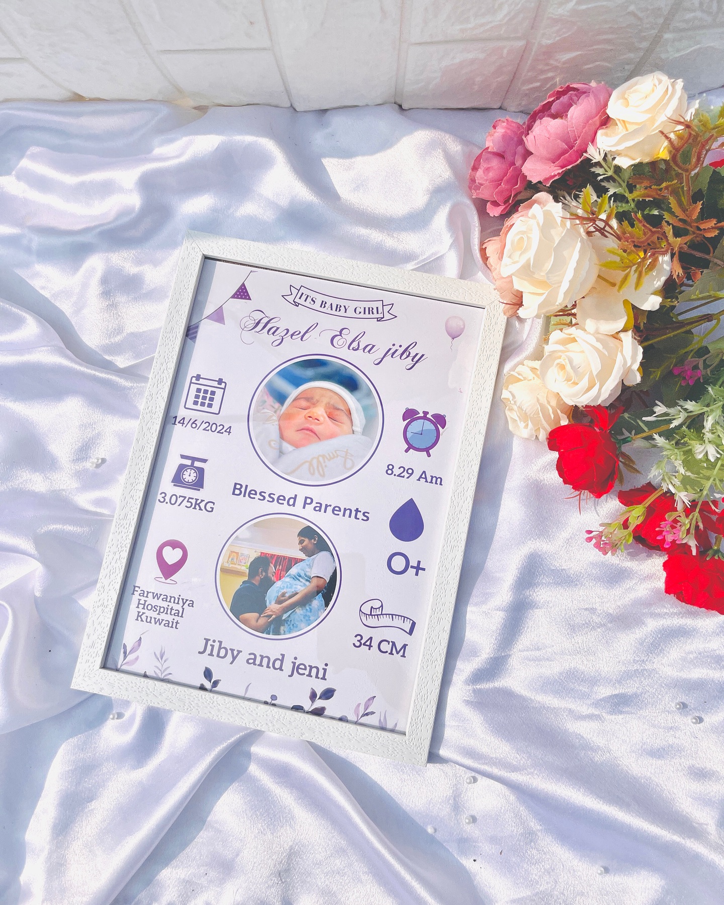 A personalized birth announcement frame with baby and parent photos, name, date, weight and hospital details.