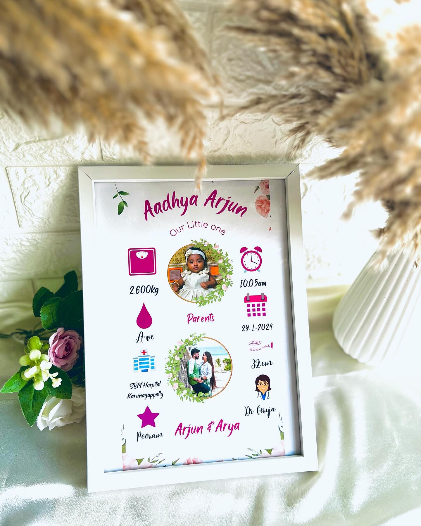 A floral-bordered framed poster capturing a newborn's birth details, weight, and parents' photo for a personalized keepsake.