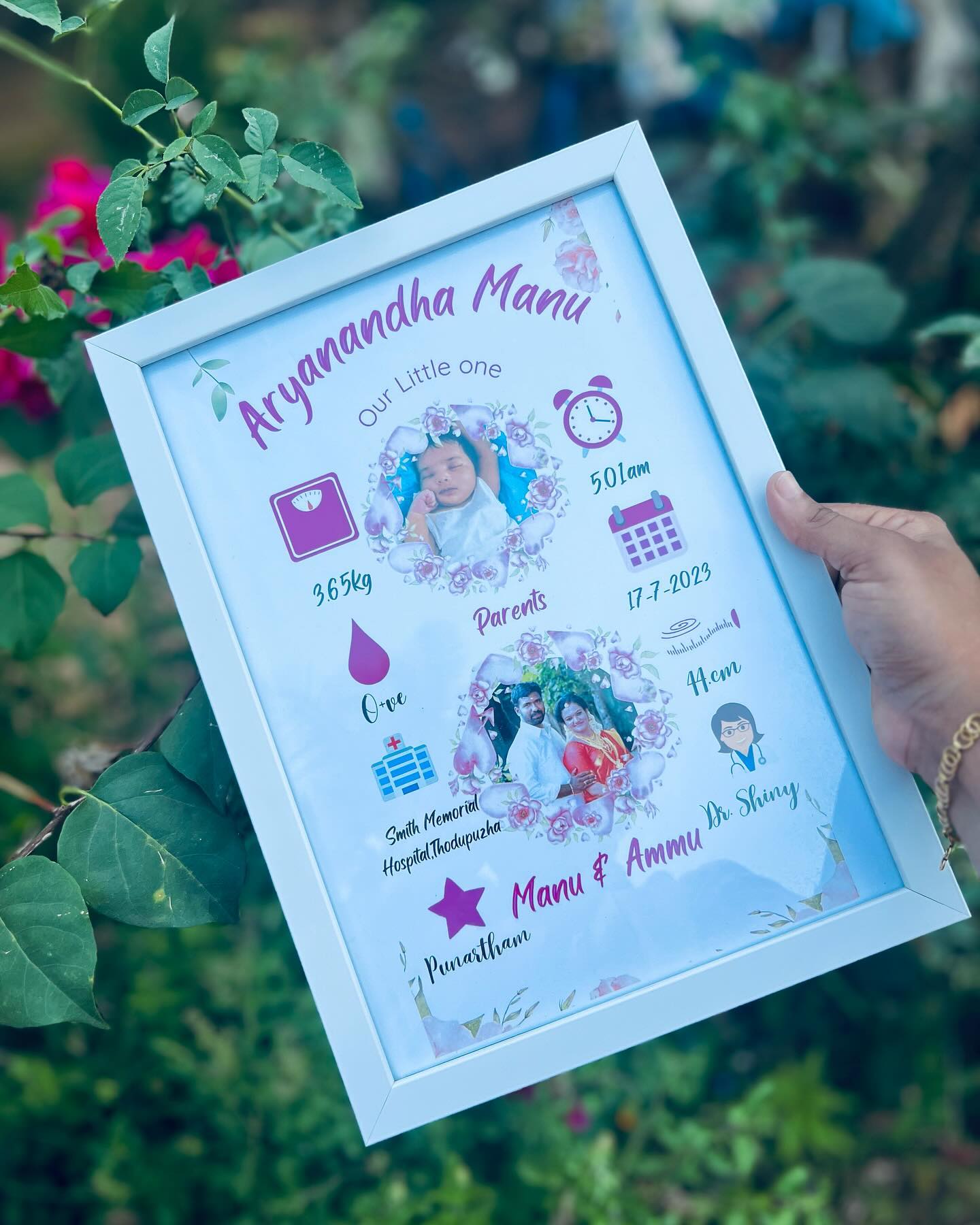 A personalized baby announcement frame displaying the newborn's name, birth stats, hospital, and parents' photo.