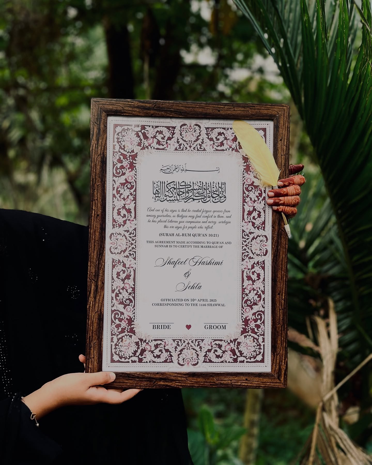 A rustic wood-framed, personalized Islamic Nikah certificate with the couple's names and wedding date.