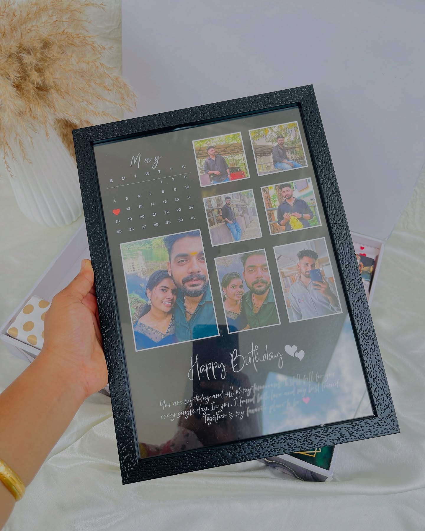 A custom calendar-and-photo collage frame wishing 'Happy Birthday' with cherished memories together.
