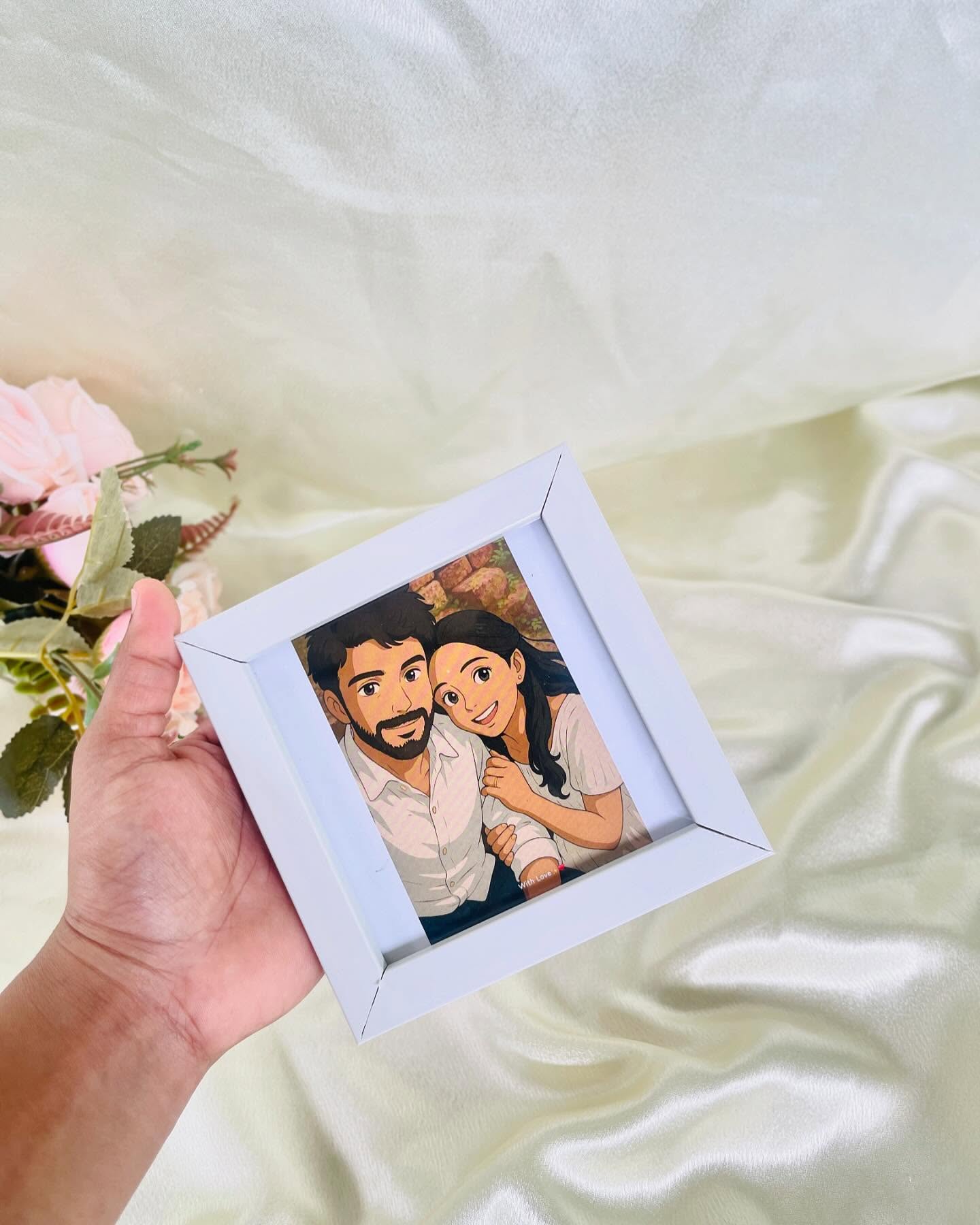 A custom illustrated couple portrait printed and framed as a keepsake gift.