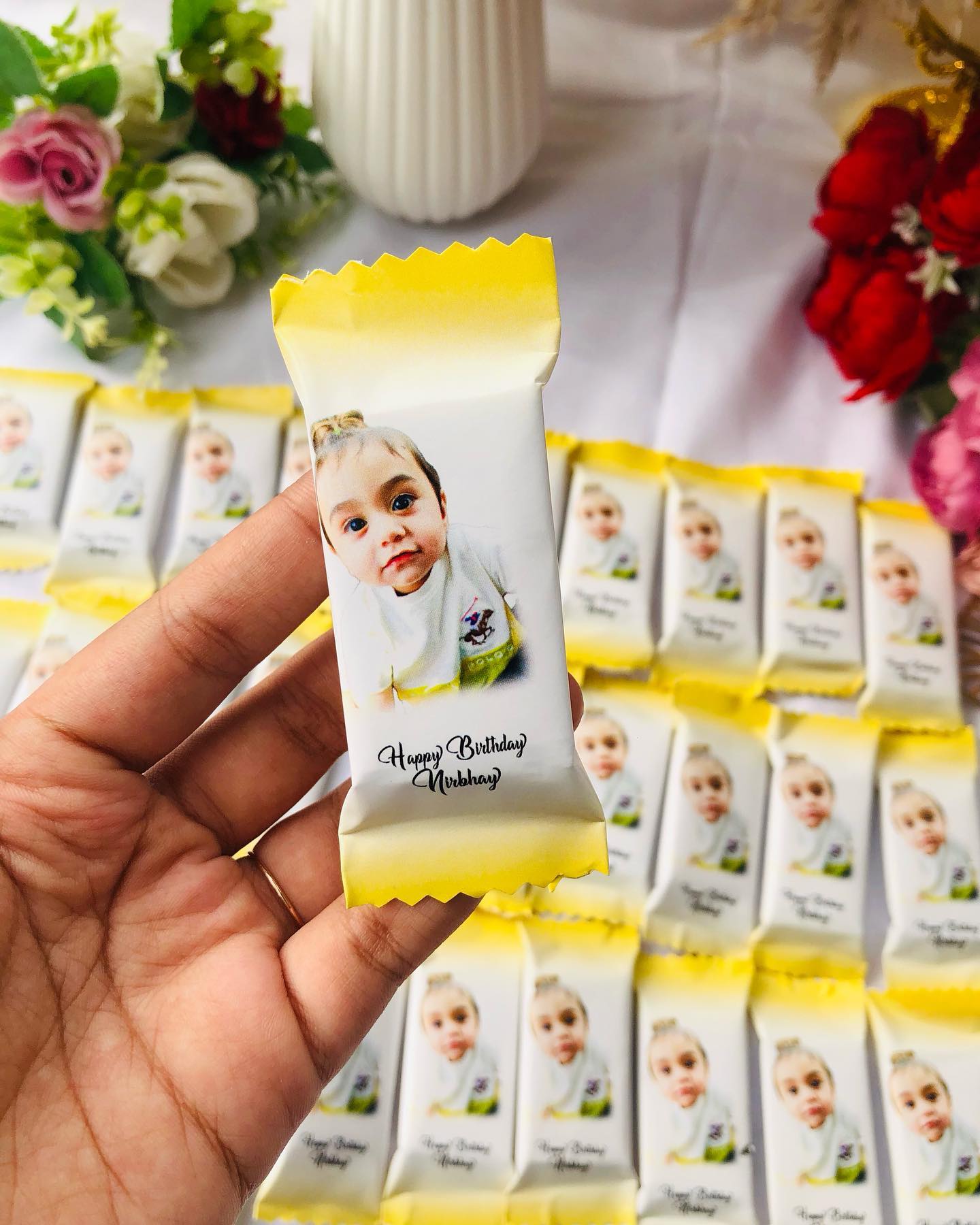 Mini chocolate bars individually wrapped with your child's photo and a custom birthday message.
