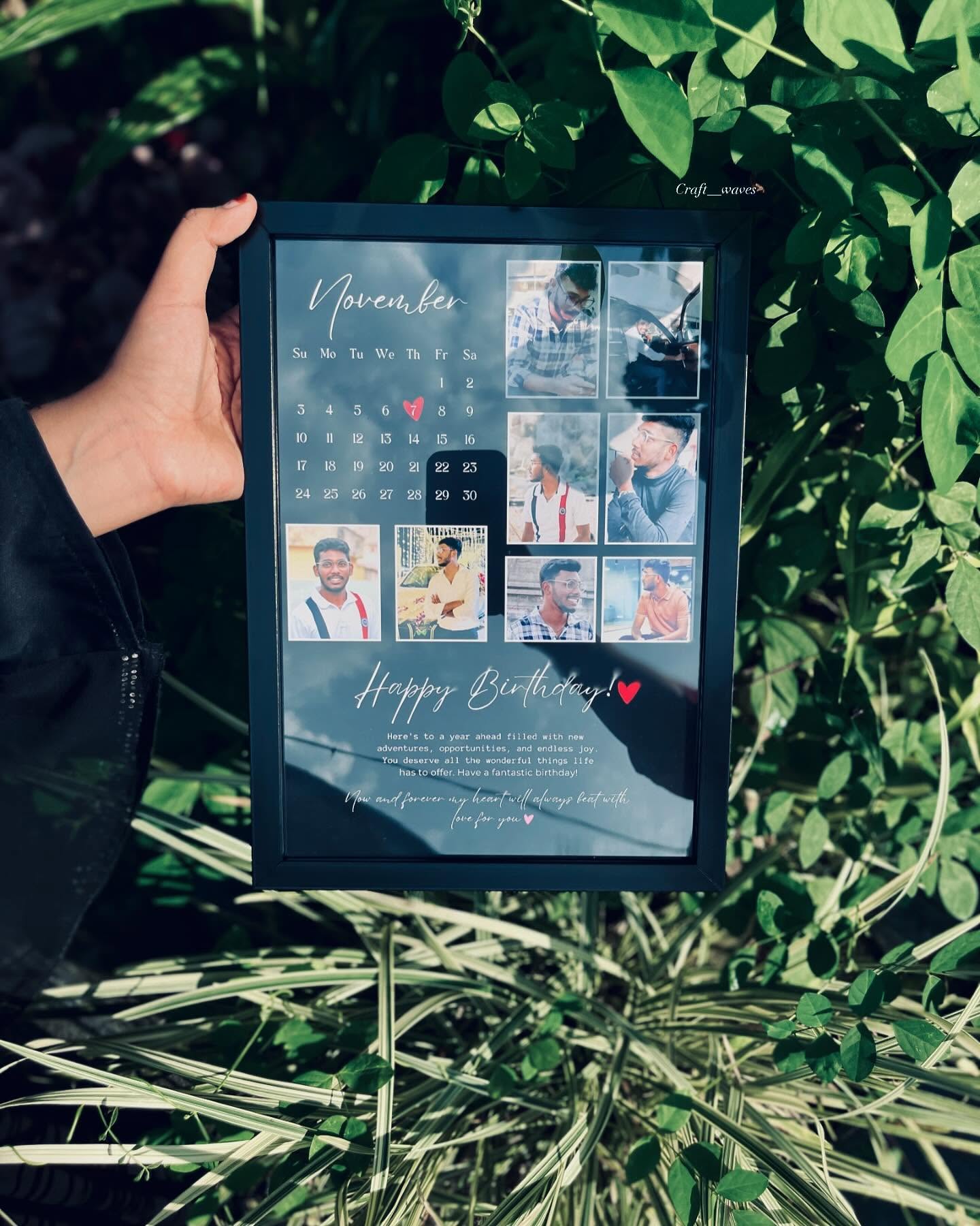 A calendar-style photo collage frame filled with personal pictures and a birthday message.