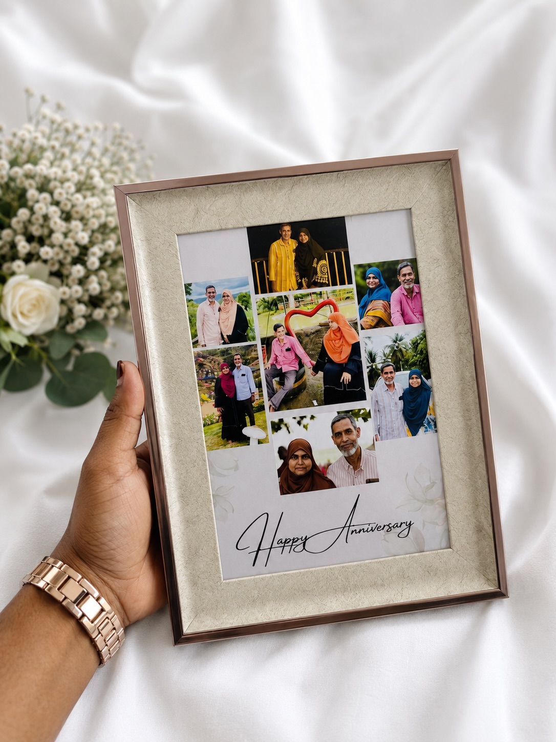 A romantic multi-photo collage frame wishing a couple a happy anniversary.
