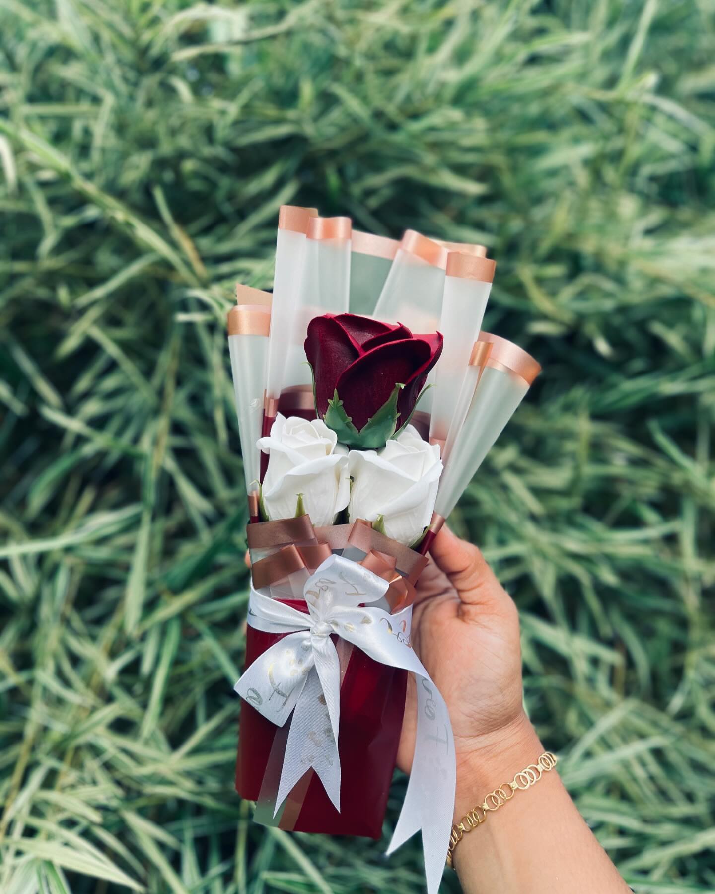 Red & White Rose Wrapped Bouquet