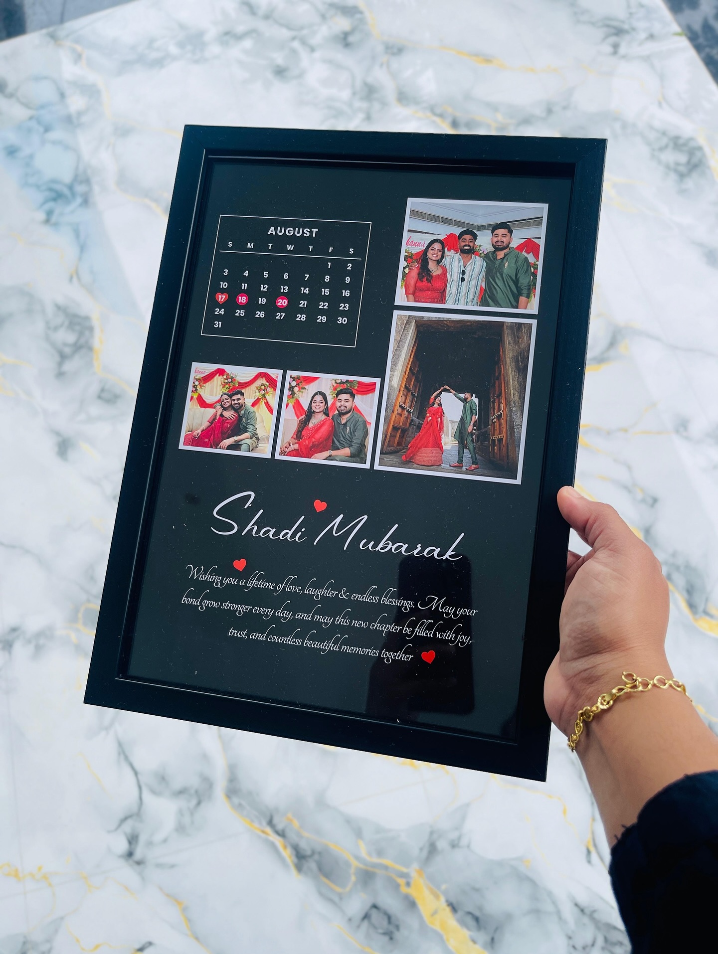 A personalized wedding keepsake frame with a custom calendar date and cherished couple photos.