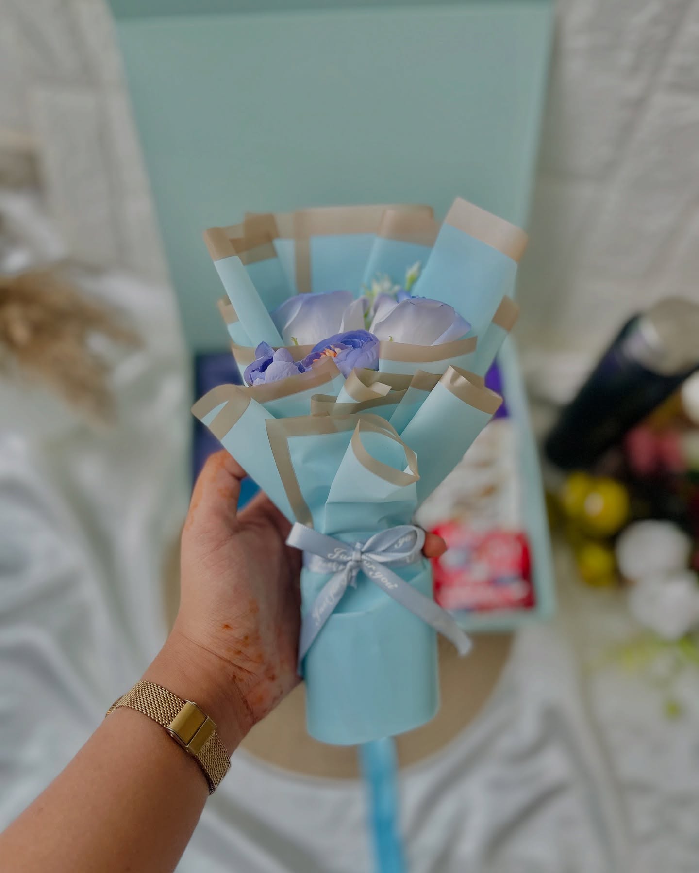 Sky Blue Wrapped Rose Bouquet
