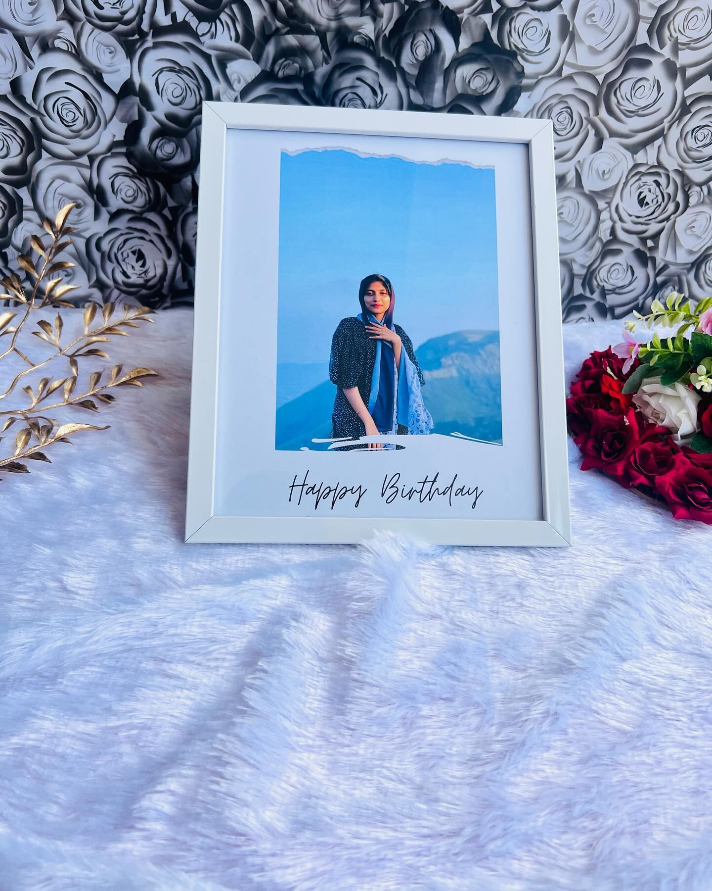 A framed birthday portrait with a torn-paper polaroid effect and a handwritten Happy Birthday message.