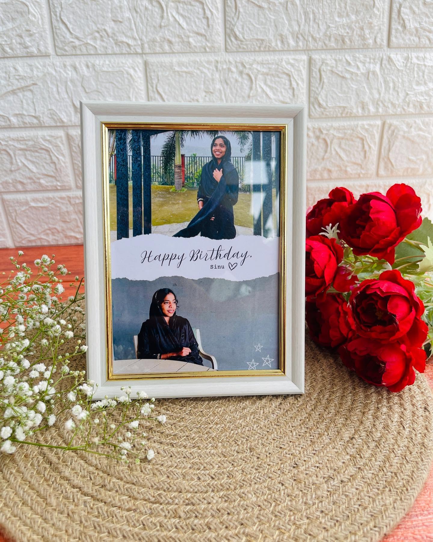 A personalized birthday photo frame with a torn-paper design and a named message.
